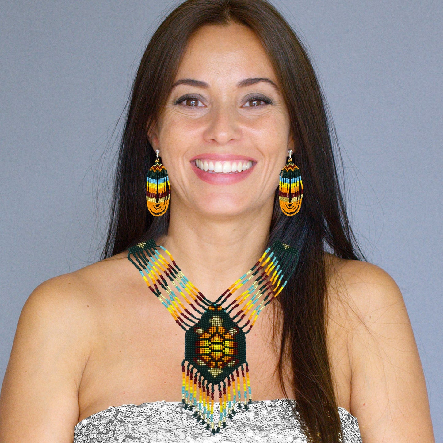 Handmade Beaded Turtle Design Deep Green Orange Necklace Earrings Set