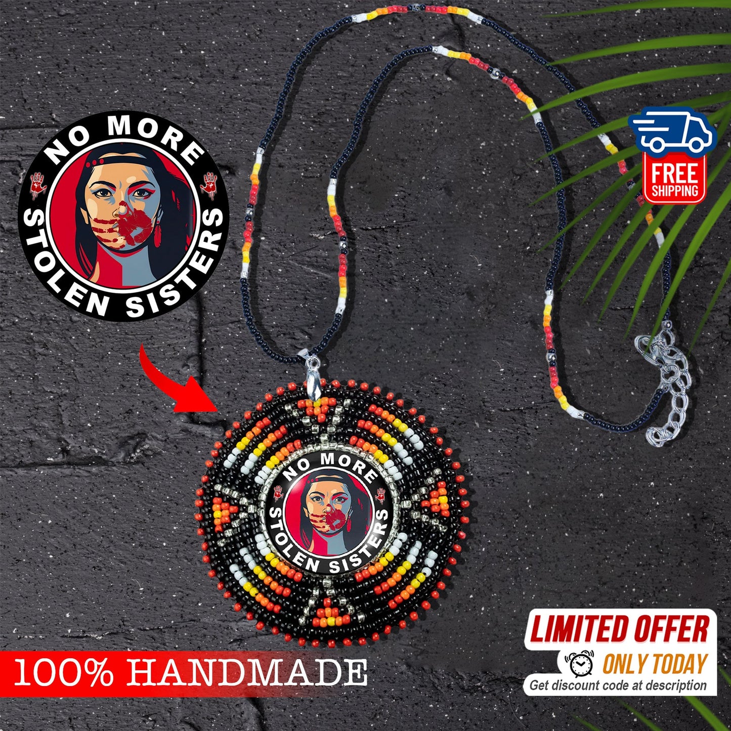 No More Stolen Sister Sunburst Handmade Glass Beaded Patch Necklace Pendant