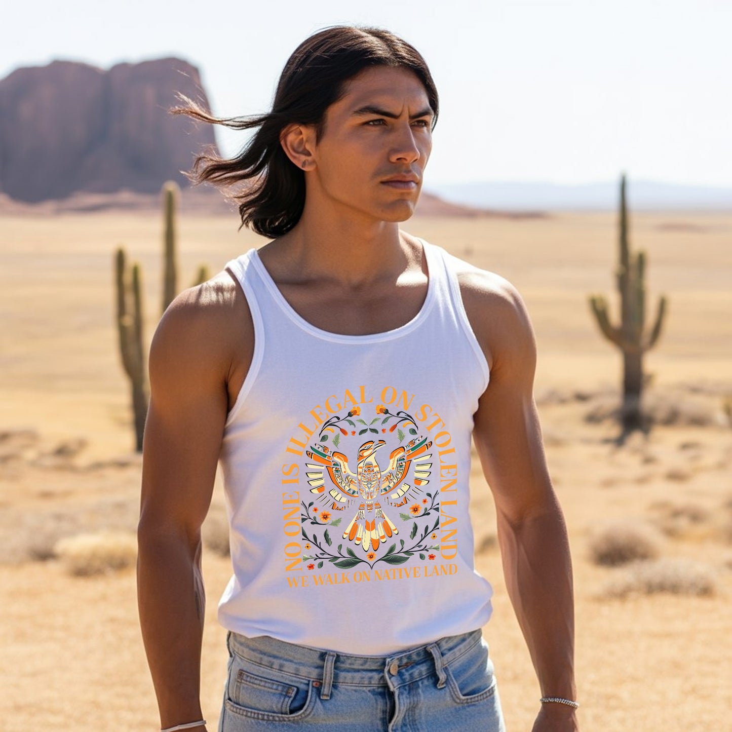 No One Is Illegal On Stolen Land Tribal Bird Floral Design Unisex Tank Top