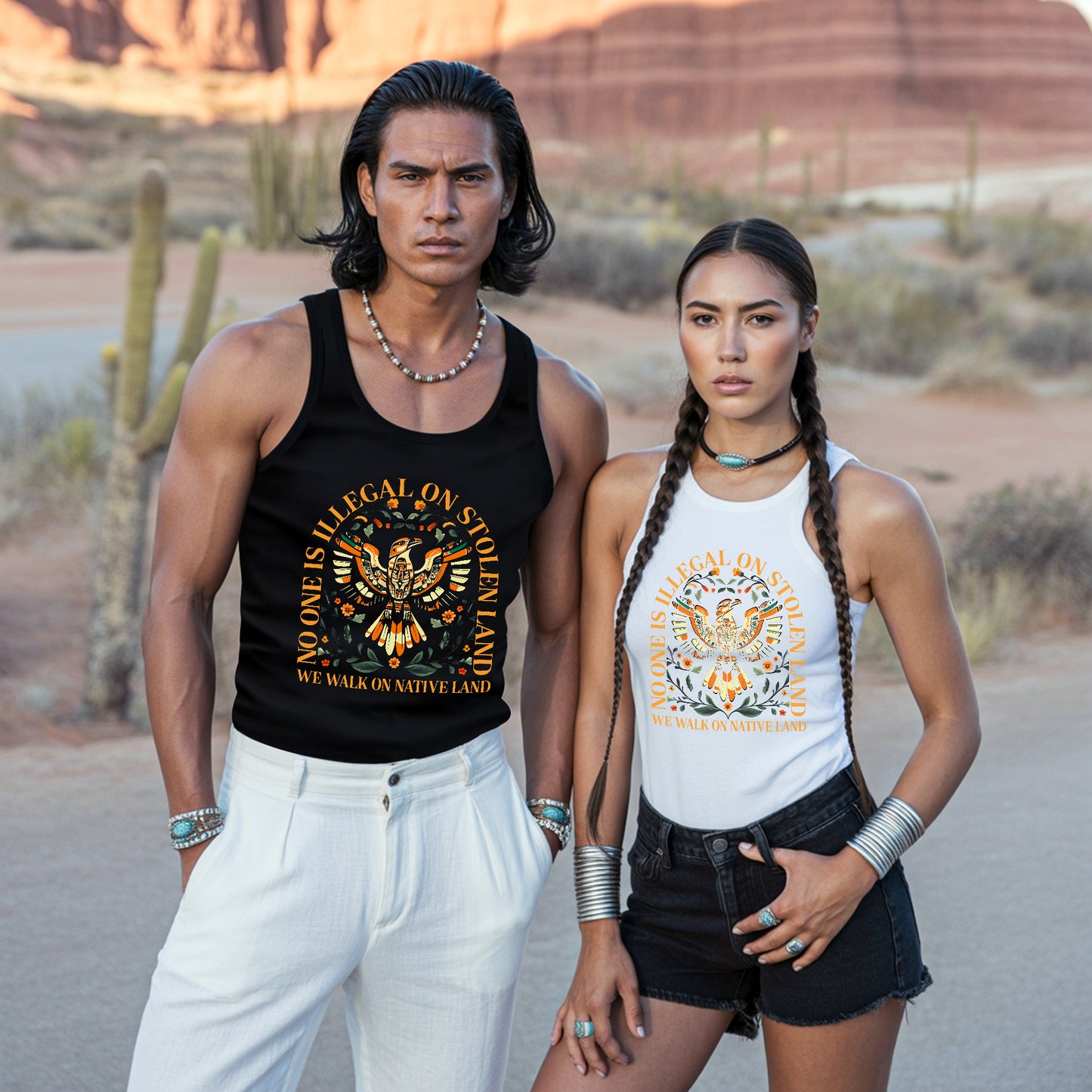No One Is Illegal On Stolen Land Tribal Bird Floral Design Unisex Tank Top