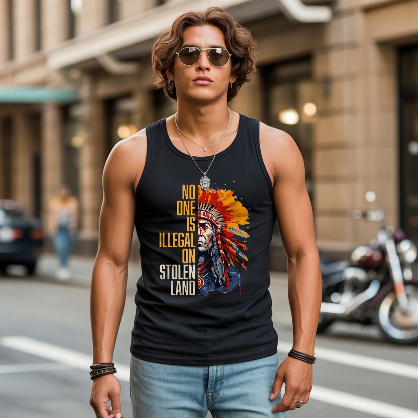 No One Is Illegal On Stolen Land Indigenous Chief Bold Statement Unisex Tank Top