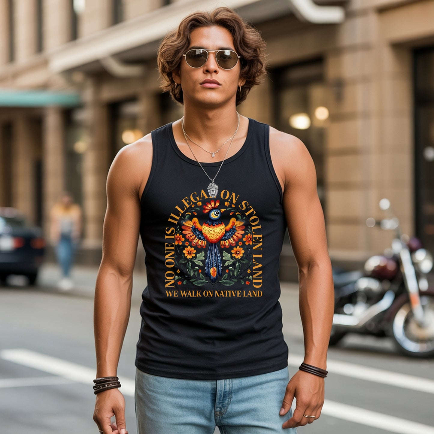 No One Is Illegal On Stolen Land Colorful Bird and Nature Artwork Unisex Tank Top