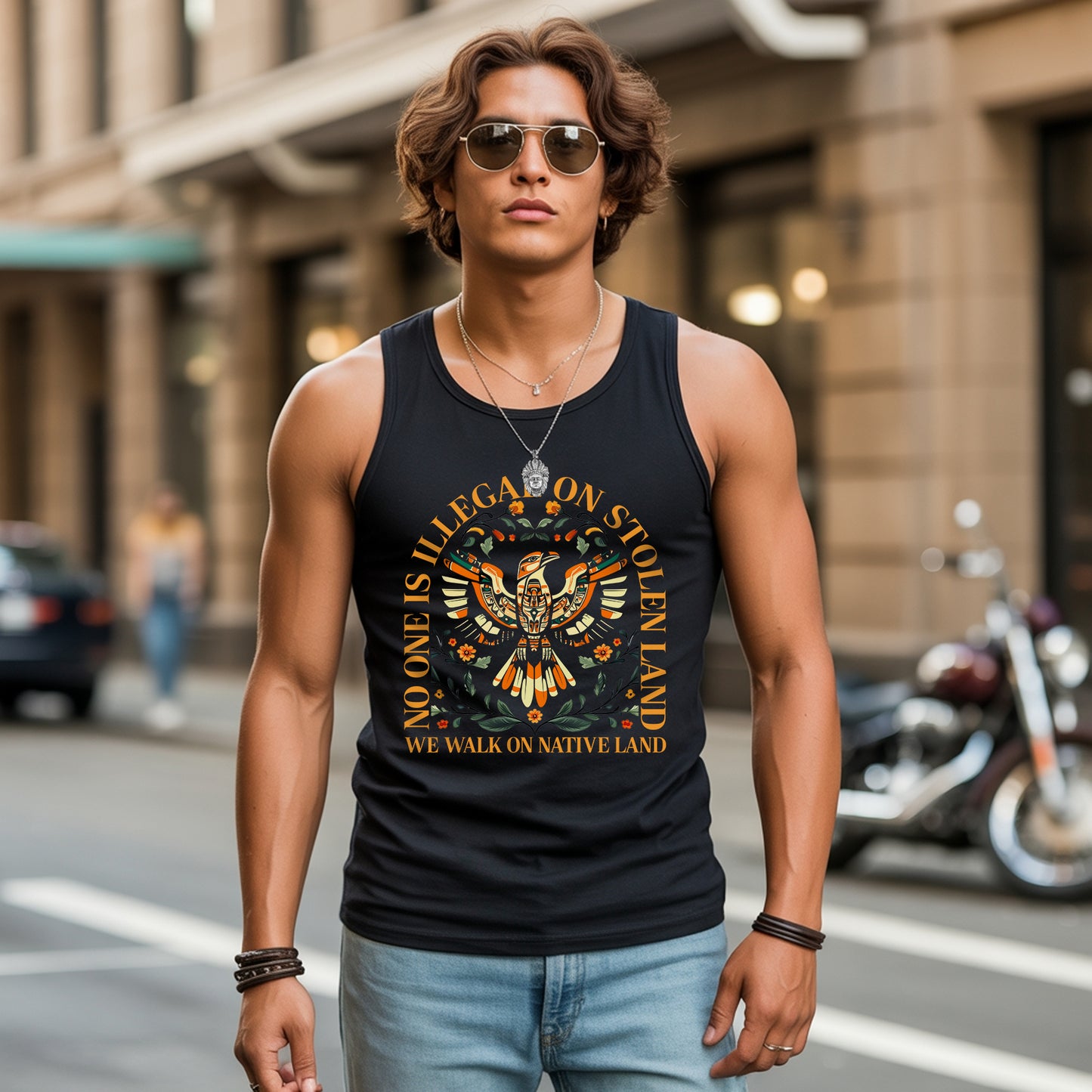 No One Is Illegal On Stolen Land Tribal Bird Floral Design Unisex Tank Top