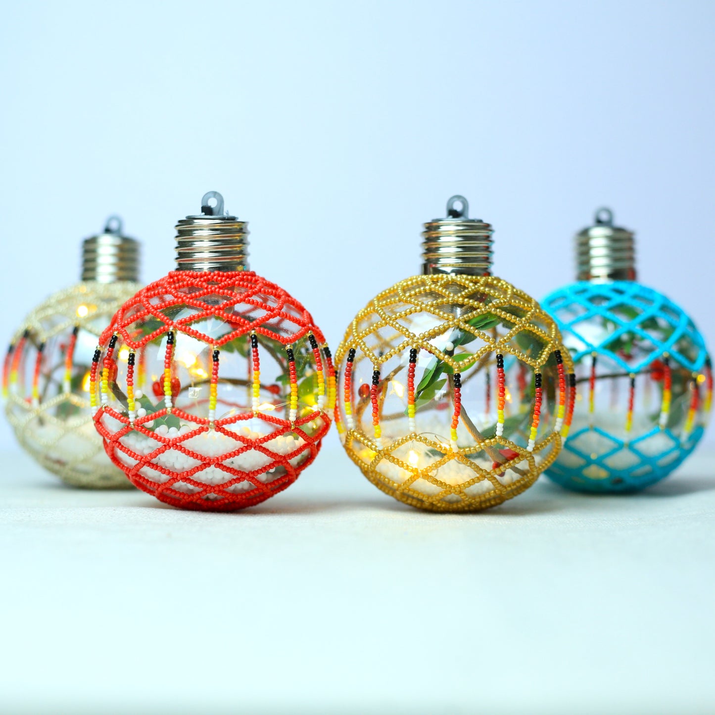 Silver Sparkly Handmade Beaded Ornament with Luminous Lights - Holiday Decor & Gifts