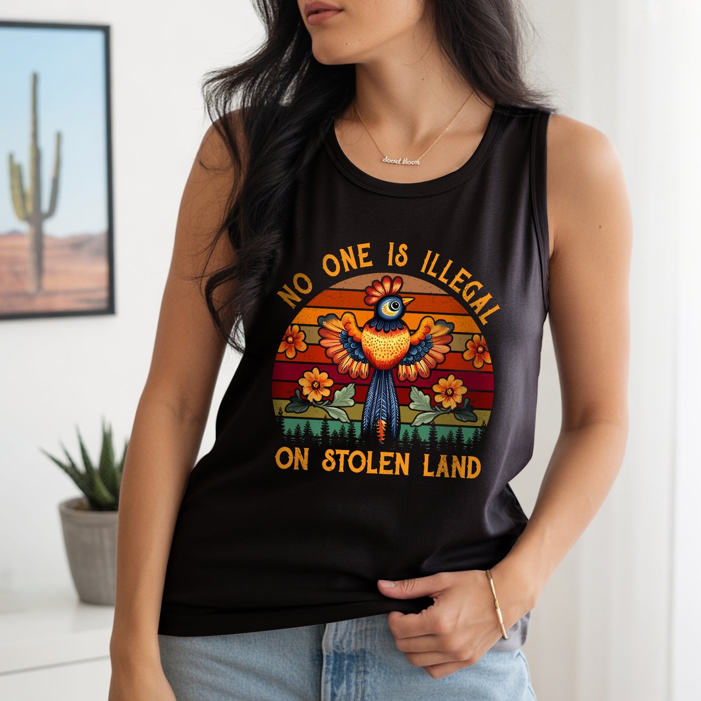No One Is Illegal On Stolen Land Colorful Bird Nature Artwork Unisex Tank Top