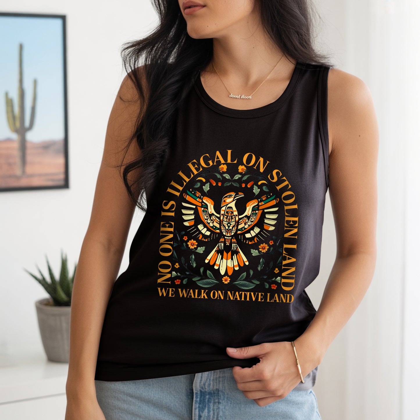 No One Is Illegal On Stolen Land Tribal Bird Floral Design Unisex Tank Top