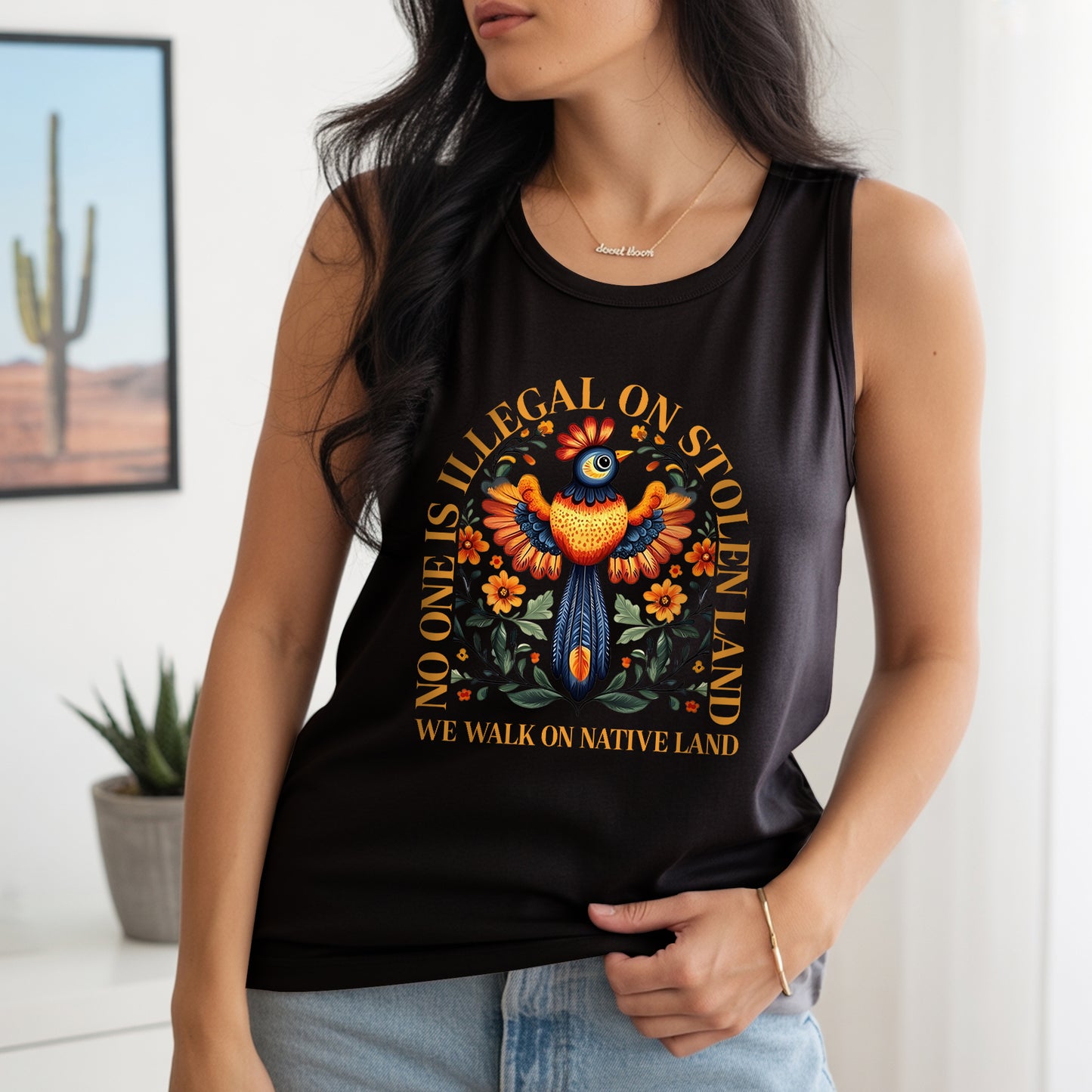 No One Is Illegal On Stolen Land Colorful Bird and Nature Artwork Unisex Tank Top