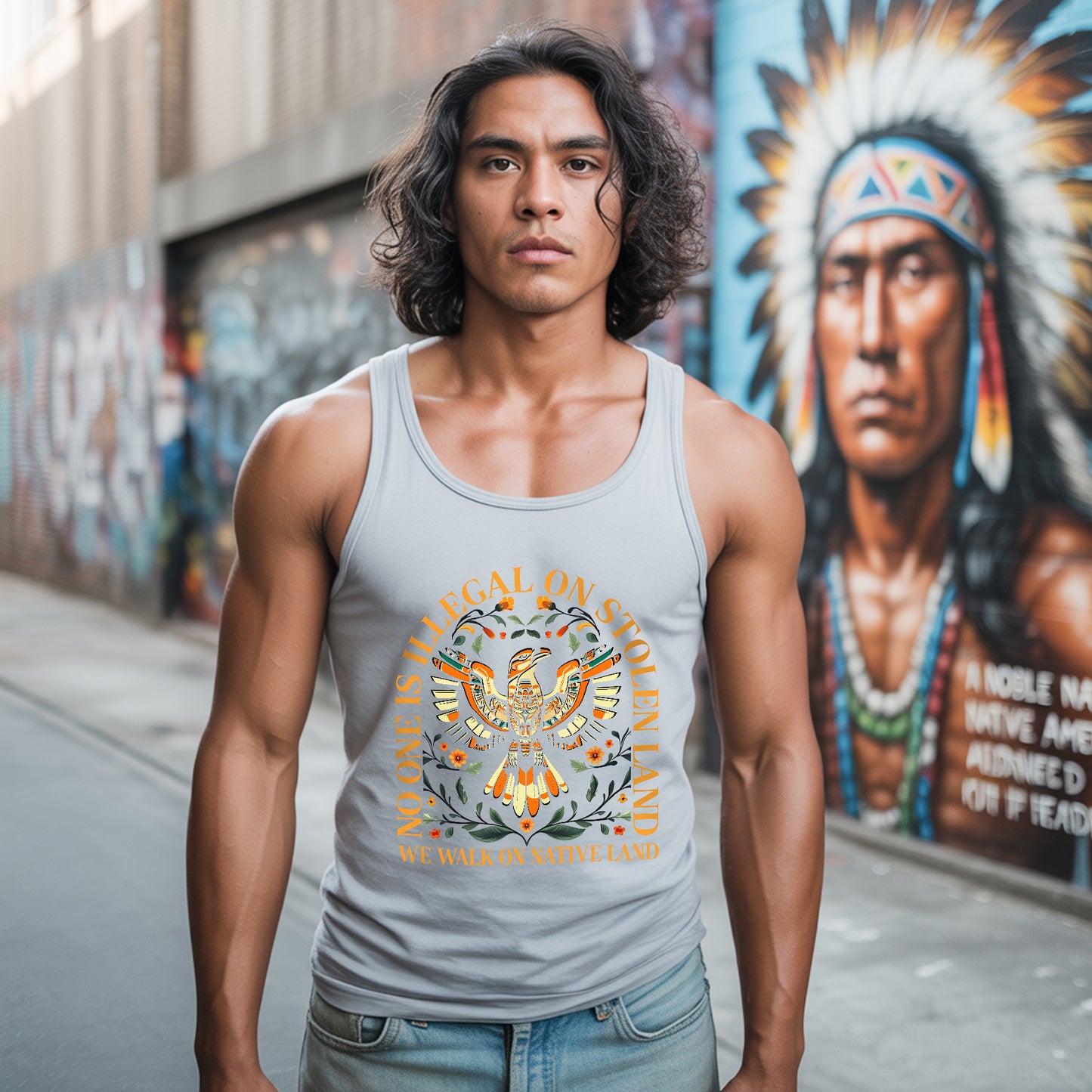 No One Is Illegal On Stolen Land Tribal Bird Floral Design Unisex Tank Top