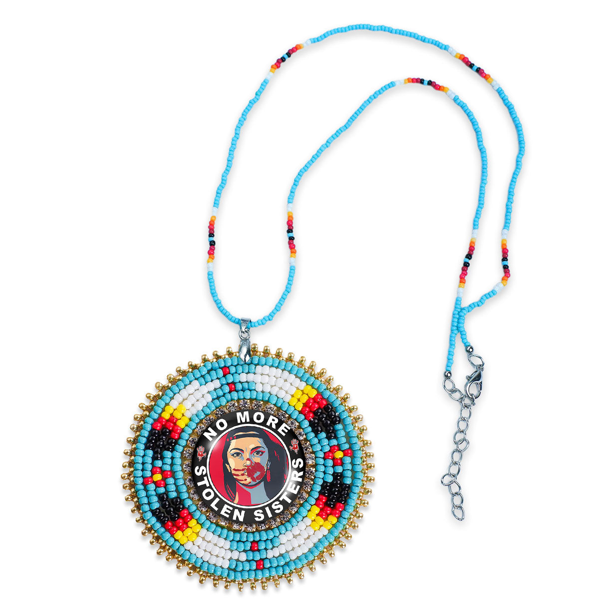 No More Stolen Sister Feathers Handmade Glass Beaded Patch Necklace Pendant