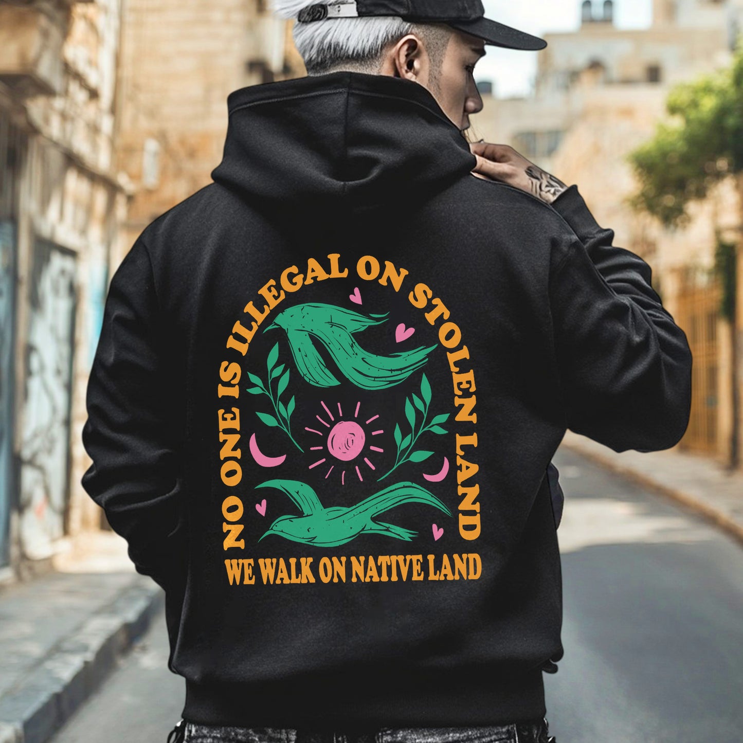 NO ONE IS ILLEGAL ON STOLEN LAND. WE WALK ON NATIVE LAND Style 3 - Two sides - Unisex T-Shirt/Hoodie/Sweatshirt