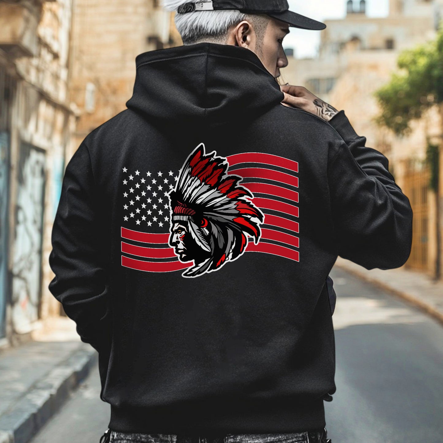 Native American Flag Tribal Chief Head with USA Flag Graphic - Two sides - Unisex T-Shirt/T-Shirt V-Neck/Hoodie/Sweatshirt
