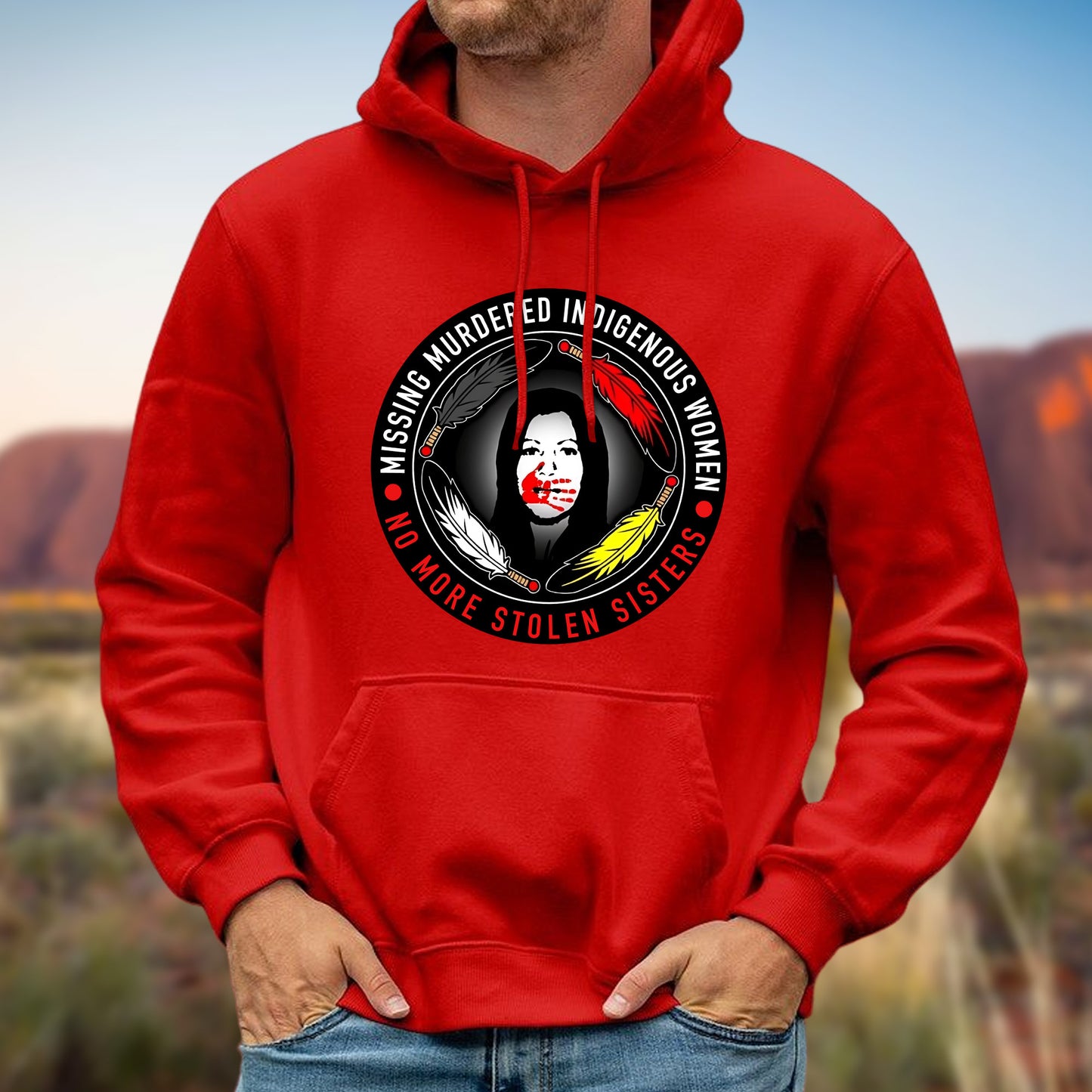 MMIW No More Stolen Sisters Feather Color Red Hand Unisex T-Shirt/T-Shirt V-Neck/Hoodie/Sweatshirt