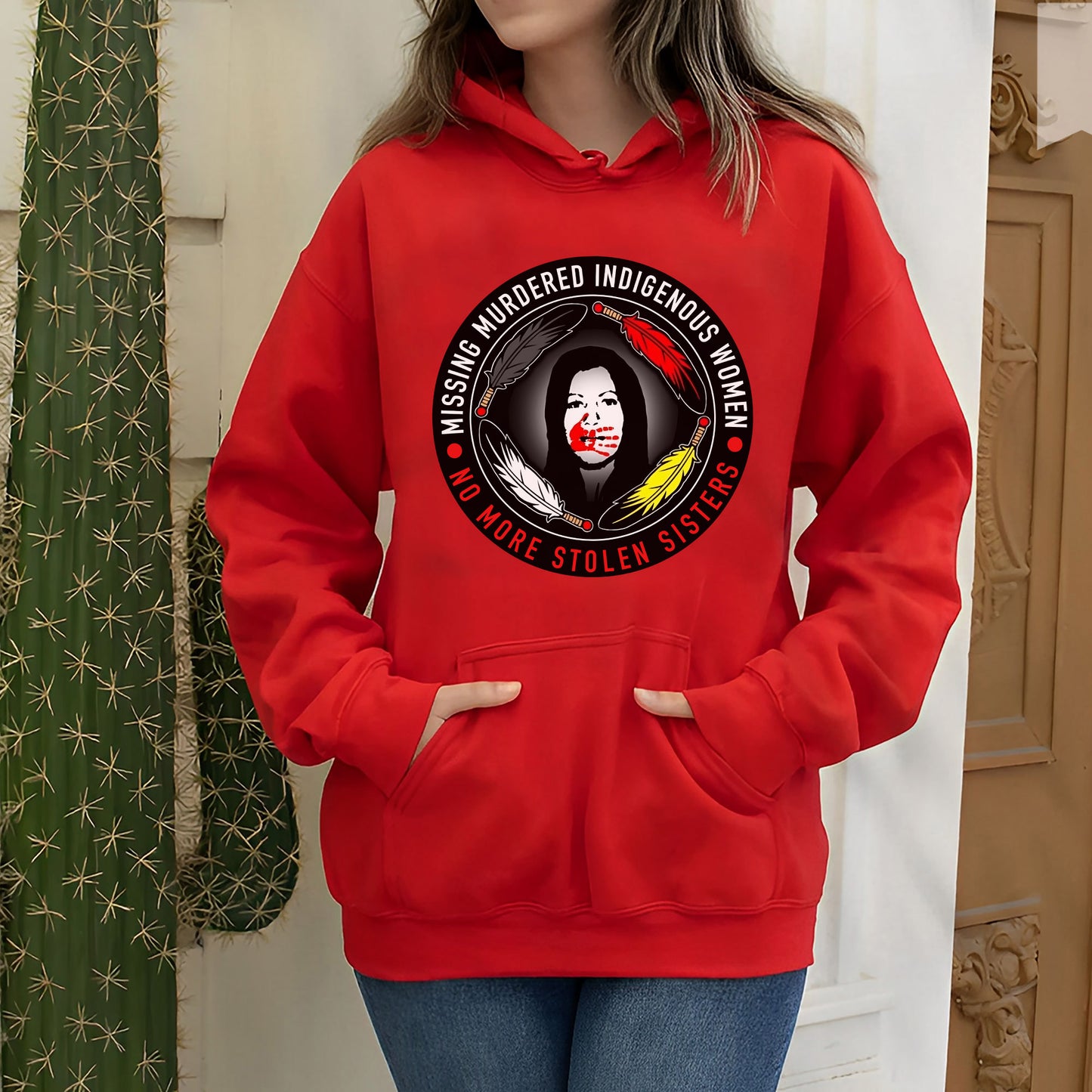MMIW No More Stolen Sisters Feather Color Red Hand Unisex T-Shirt/T-Shirt V-Neck/Hoodie/Sweatshirt