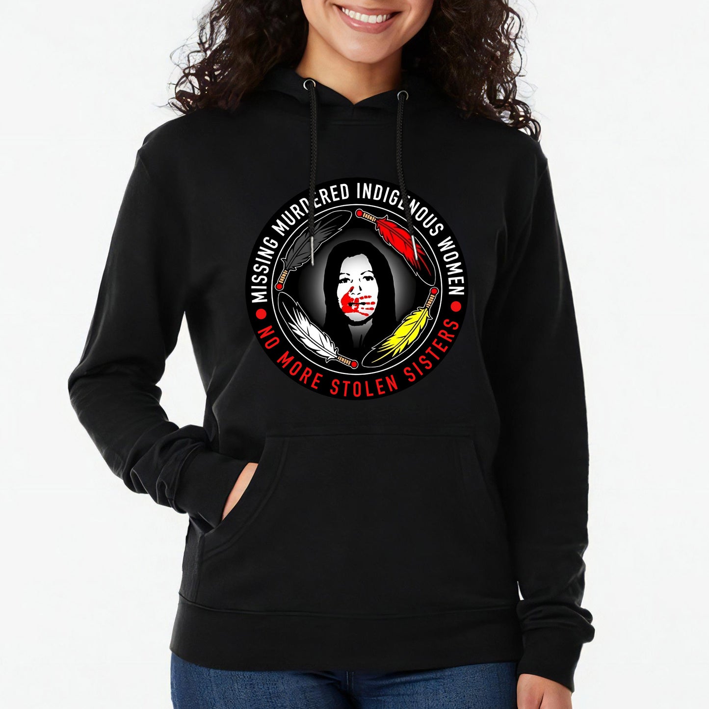 MMIW No More Stolen Sisters Feather Color Red Hand Unisex T-Shirt/T-Shirt V-Neck/Hoodie/Sweatshirt