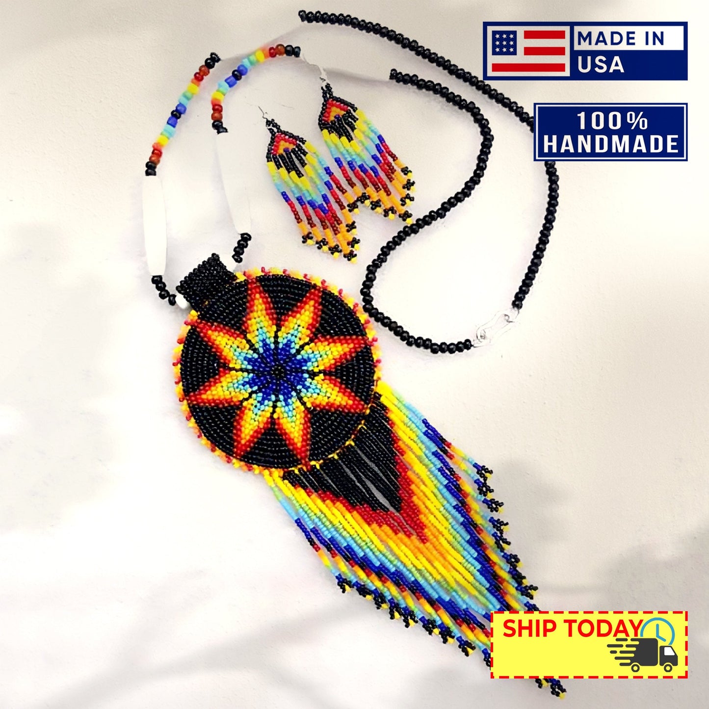 Black Fire Seed Beaded Star Medallion Necklace Earrings Set