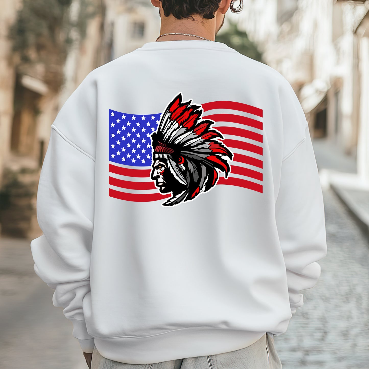 Native American Flag Tribal Chief Head with USA Flag Graphic - Two sides - Unisex T-Shirt/T-Shirt V-Neck/Hoodie/Sweatshirt