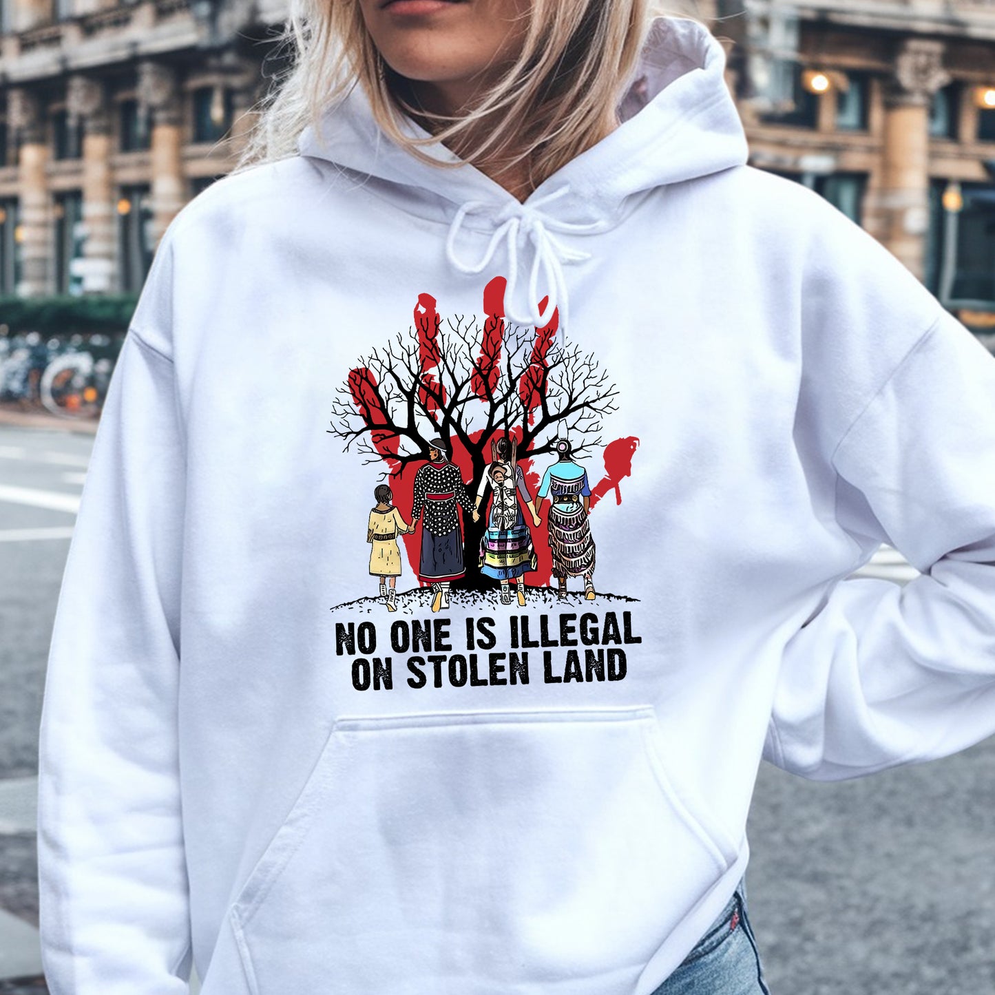 Red Handprint Awareness - No One Is Illegal on Stolen Land Unisex T-Shirt/T-Shirt V-Neck/Hoodie/Sweatshirt