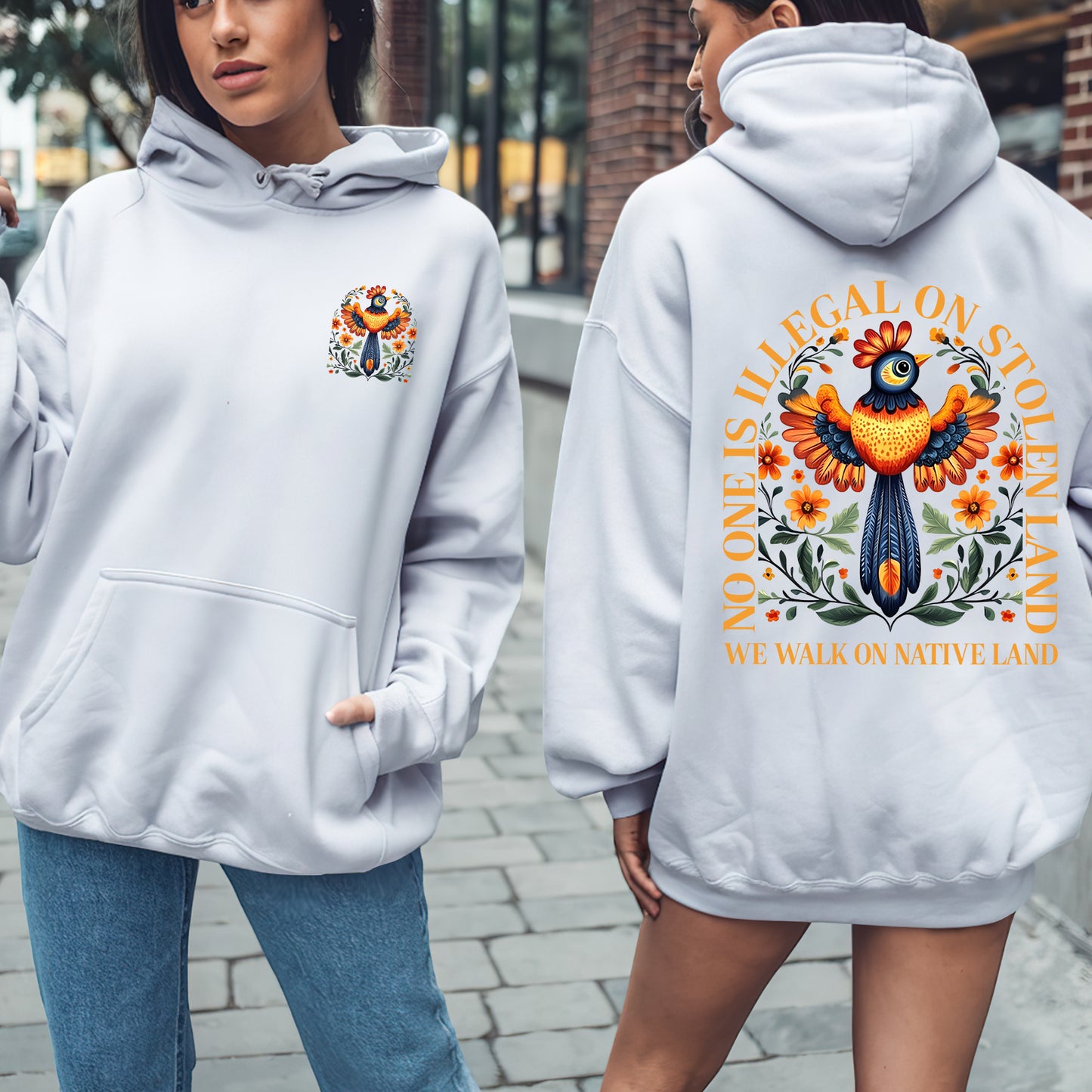 NO ONE IS ILLEGAL ON STOLEN LAND. WE WALK ON NATIVE LAND - Two sides - Unisex T-Shirt/T-Shirt V-Neck/Hoodie/Sweatshirt