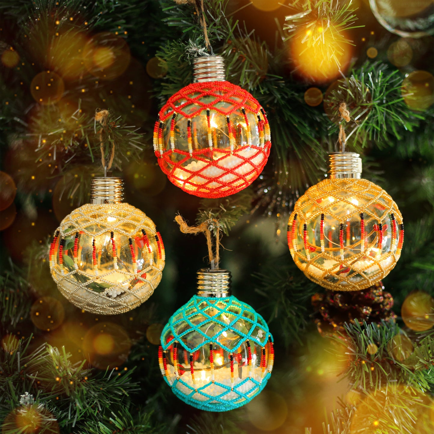 Silver Sparkly Handmade Beaded Ornament with Luminous Lights - Holiday Decor & Gifts