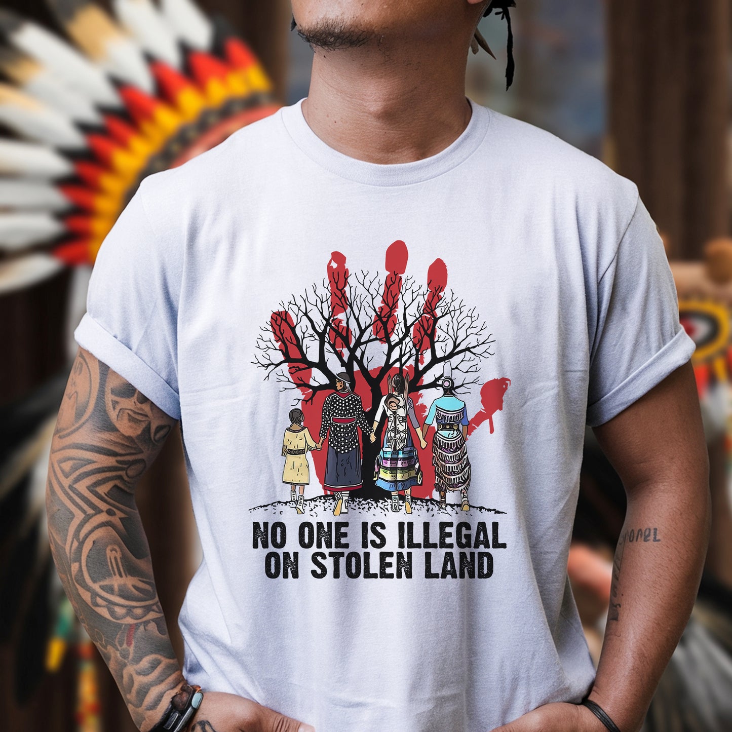 Red Handprint Awareness - No One Is Illegal on Stolen Land Unisex T-Shirt/T-Shirt V-Neck/Hoodie/Sweatshirt