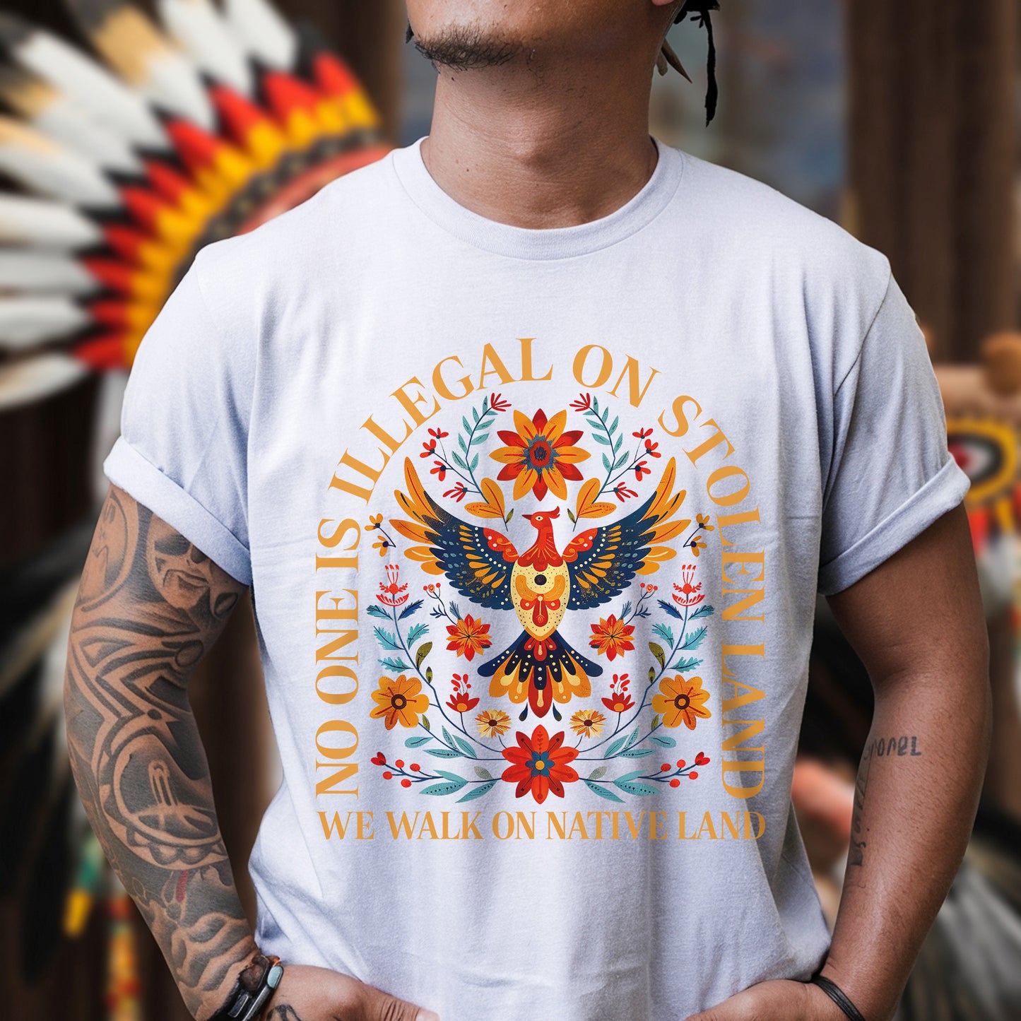 No One Is Illegal On Stolen Land - We Walk On Native Land Eagle Design Unisex T-Shirt/T-Shirt V-Neck/Hoodie/Sweatshirt
