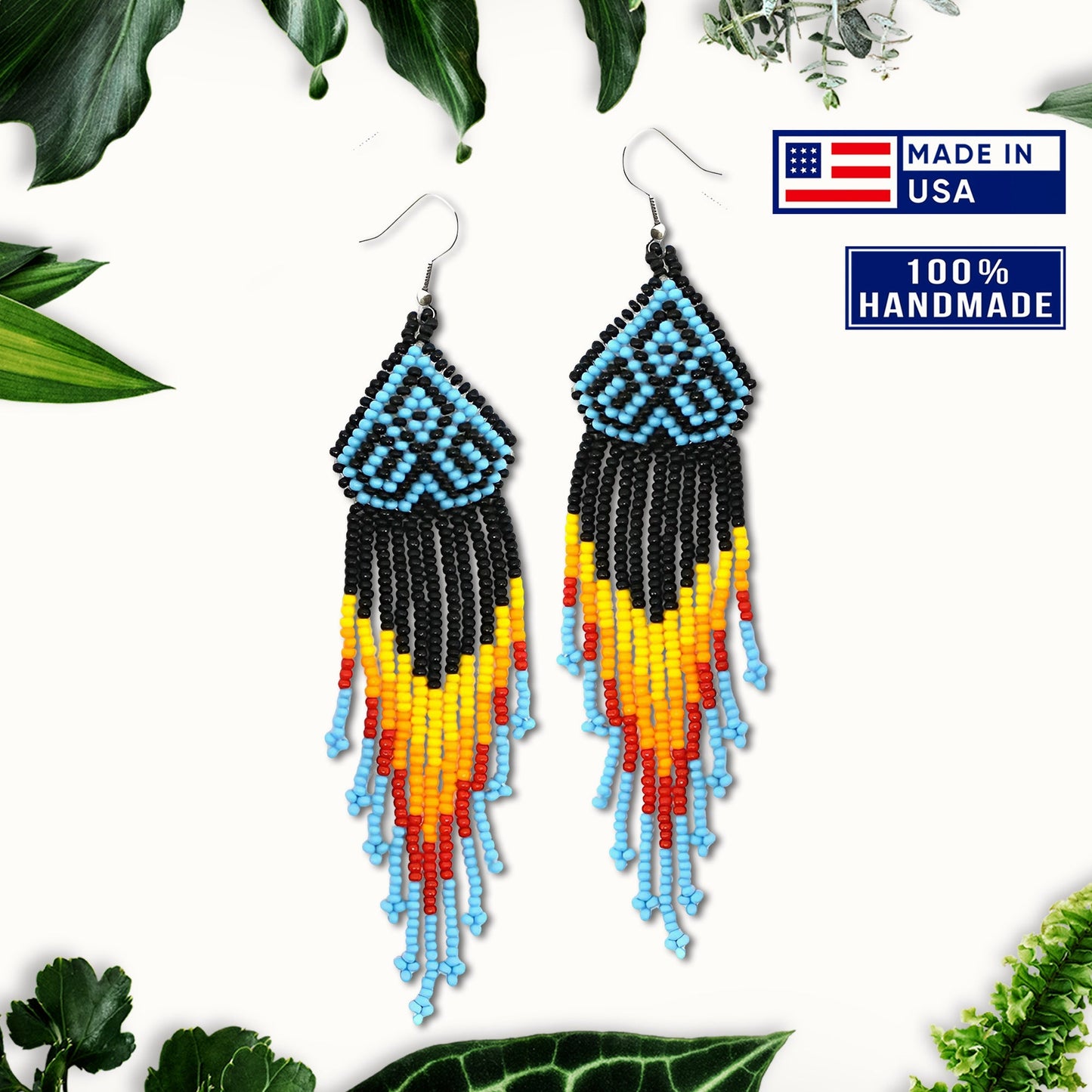 Black Multicolored Long Pattern Beaded Handmade Earrings For Women