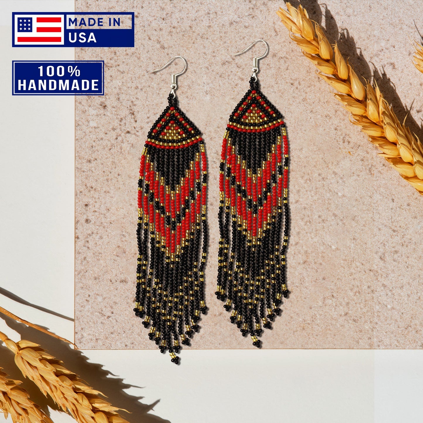 Red Black Long Beaded Handmade Earrings For Women