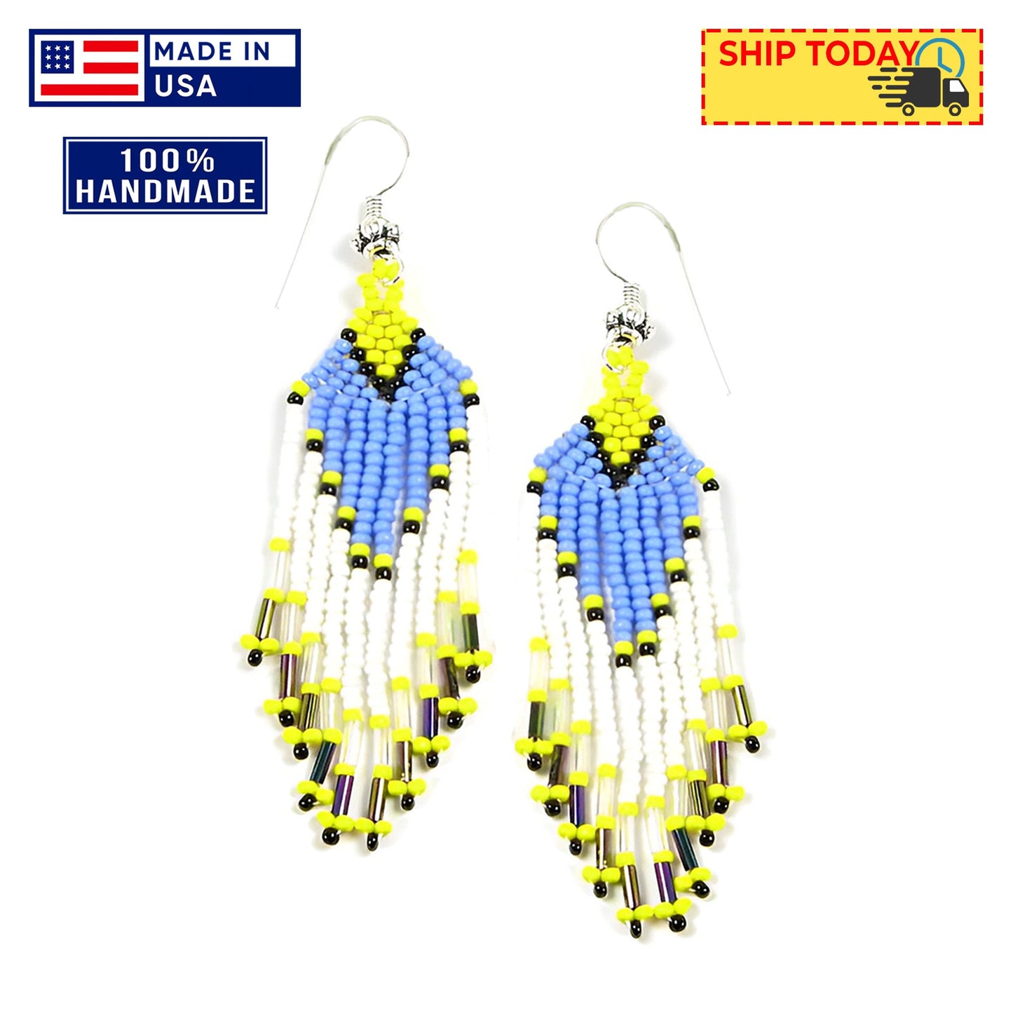 Turquoise White Yellow Beaded Handmade Earrings For Women