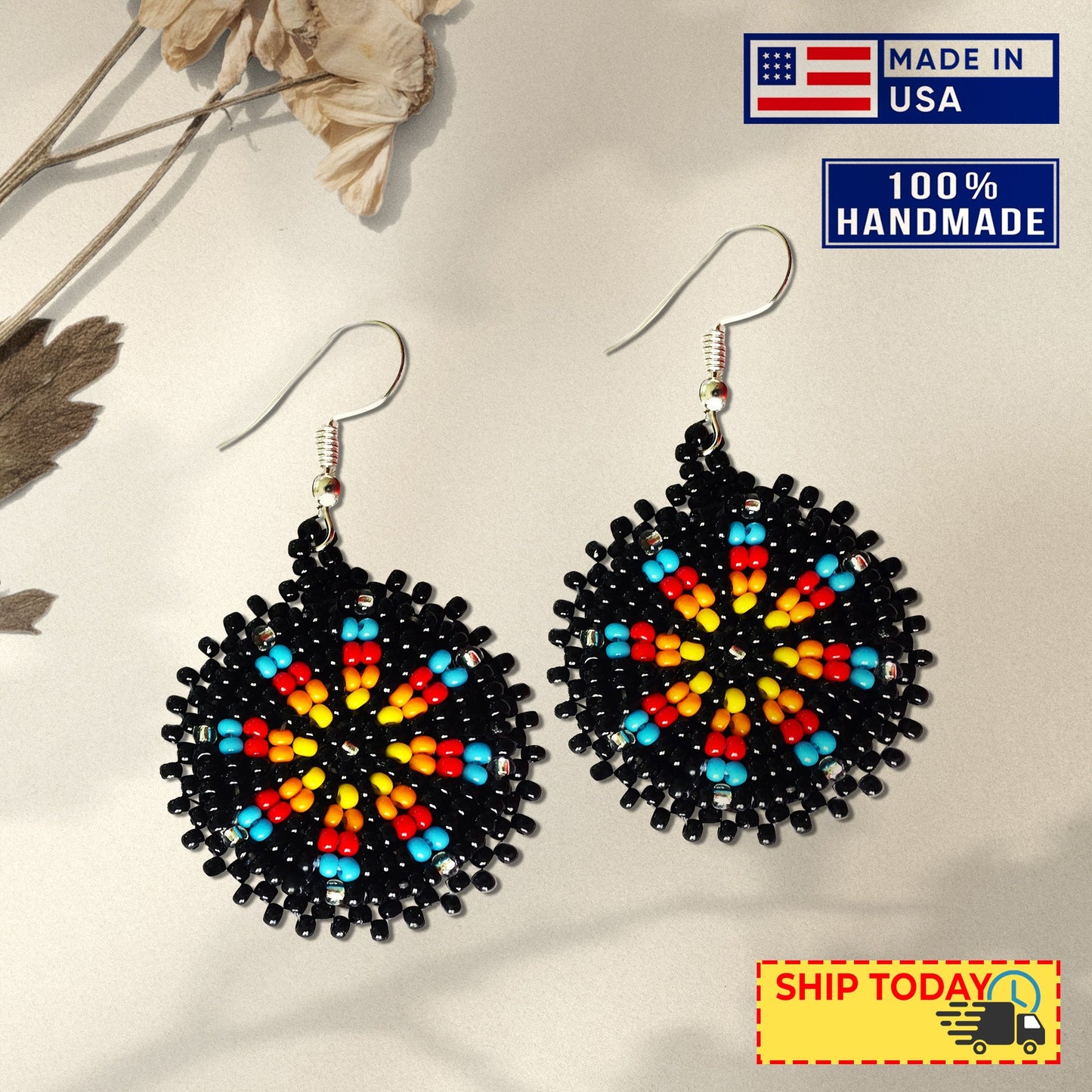 Cute Round Black Beaded Handmade Earrings For Women