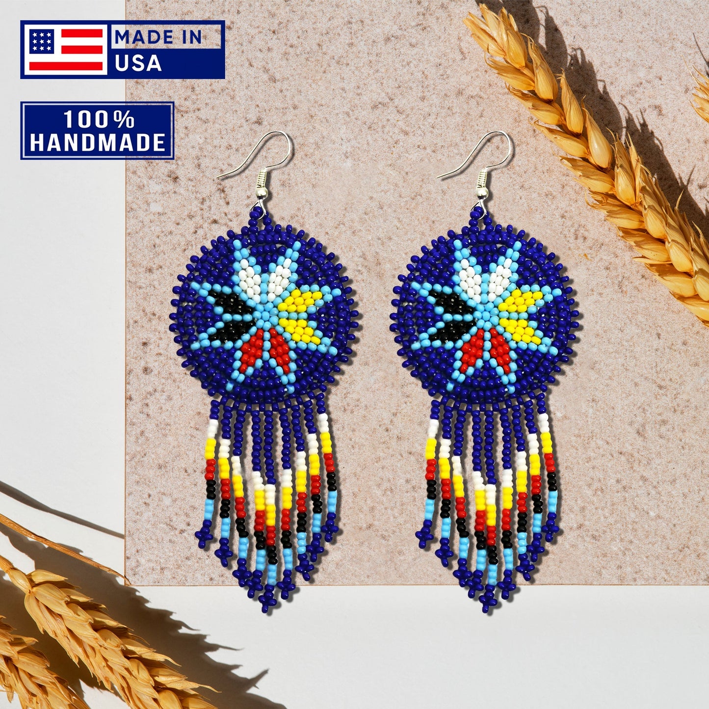 Blue 4 Directions Flower Round Beaded Handmade Earrings For Women