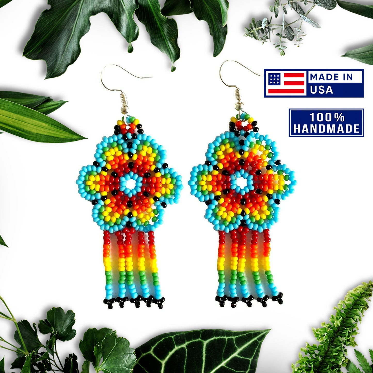 Ethnic Flower Turquoise Chandelier Beaded Handmade Earrings For Women