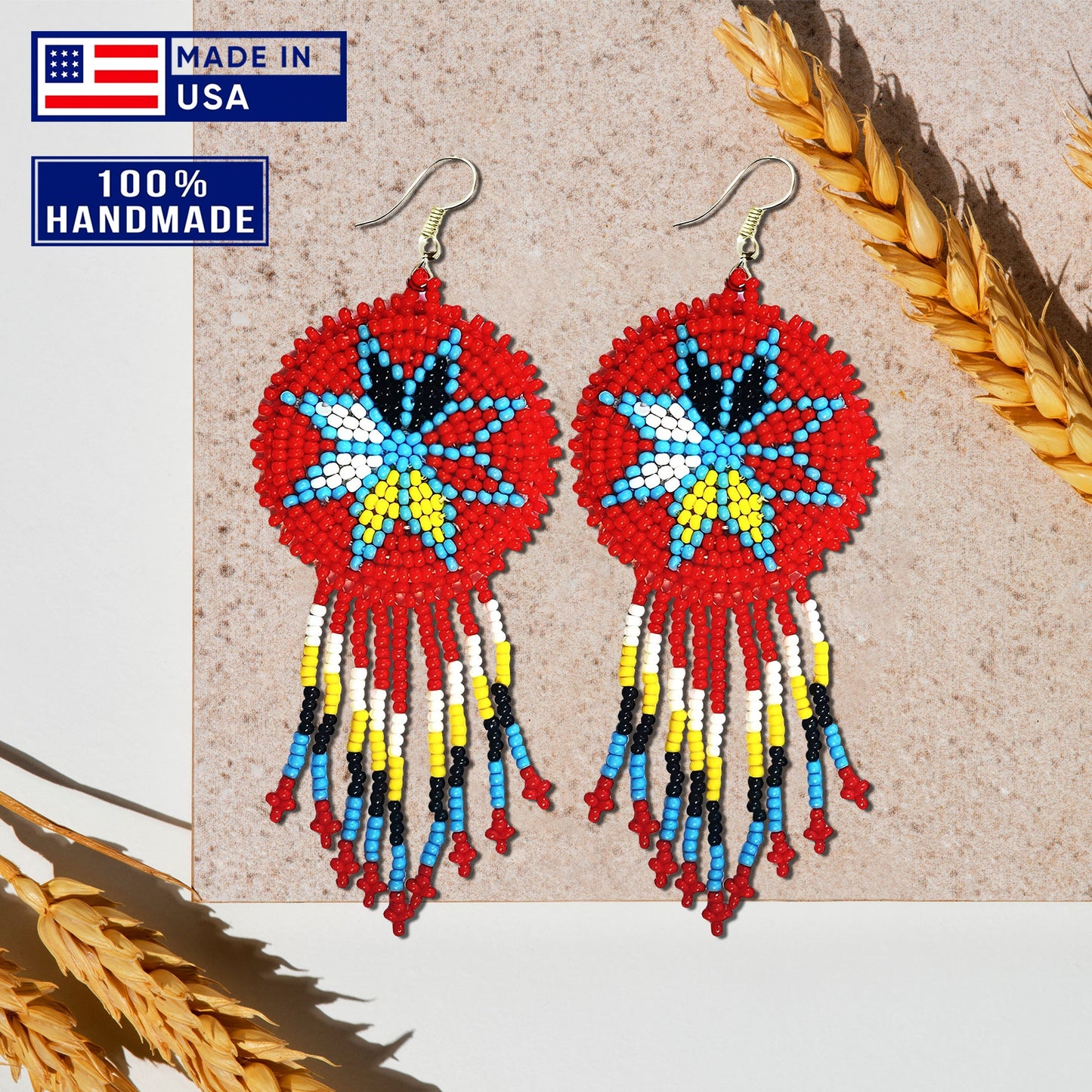 Red 4 Directions Round Fringe Beaded Handmade Earrings For Women