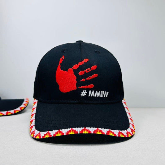 MMIW Red Hand Embroidered Handmade Beaded Brim Baseball Cap Native American Style