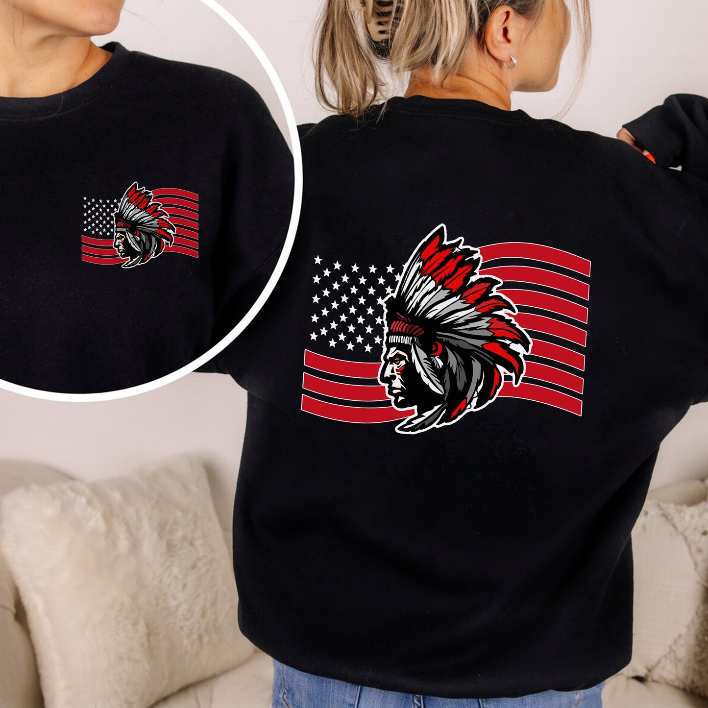 Native American Flag Tribal Chief Head with USA Flag Graphic - Two sides - Unisex T-Shirt/T-Shirt V-Neck/Hoodie/Sweatshirt