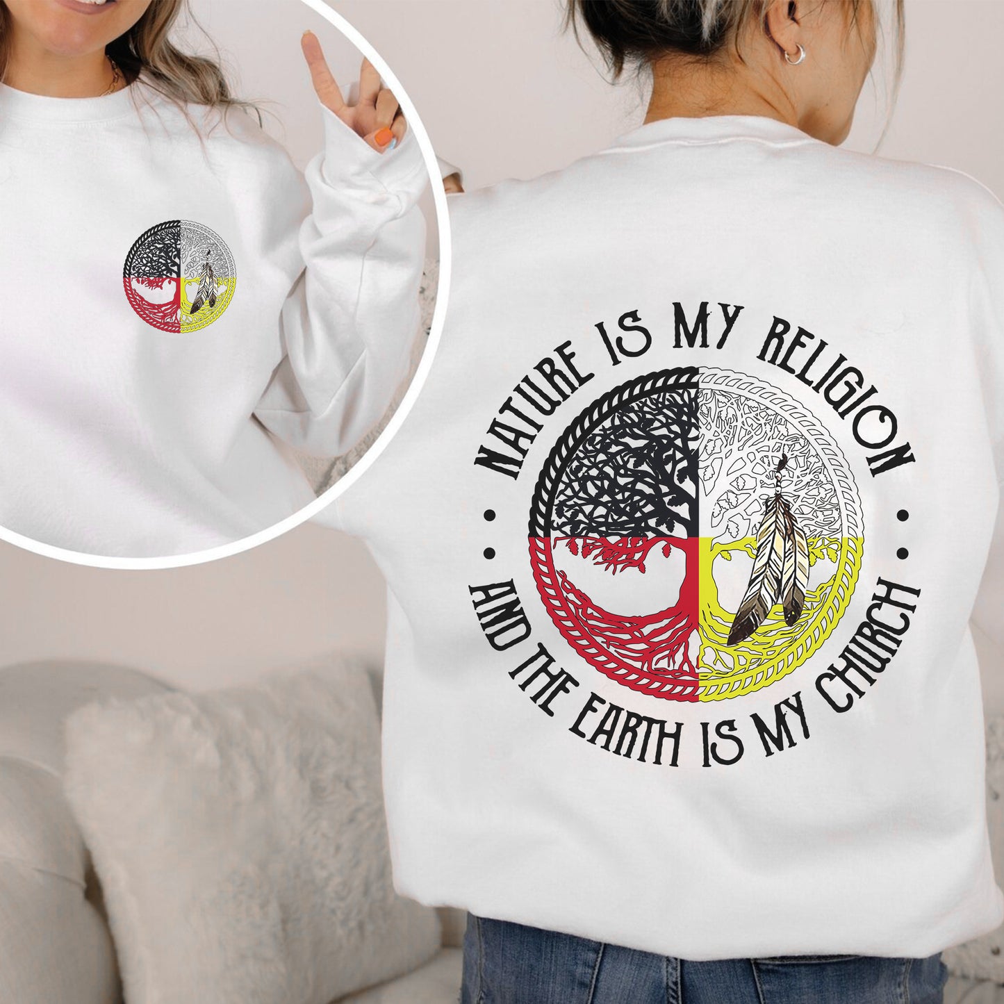Nature Is My Religion Four Directions Sacred Circle - Two Sides - Unisex T-Shirt/T-Shirt V-Neck/Hoodie/Sweatshirt