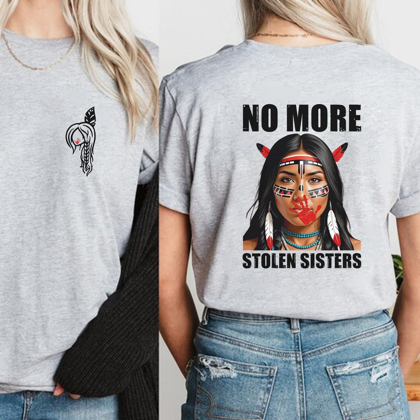 No More Stolen Sisters Indigenous Braided Hair Unisex - Two sides - T-shirt/V-neck T-shirt /Hoodie/Sweatshirt