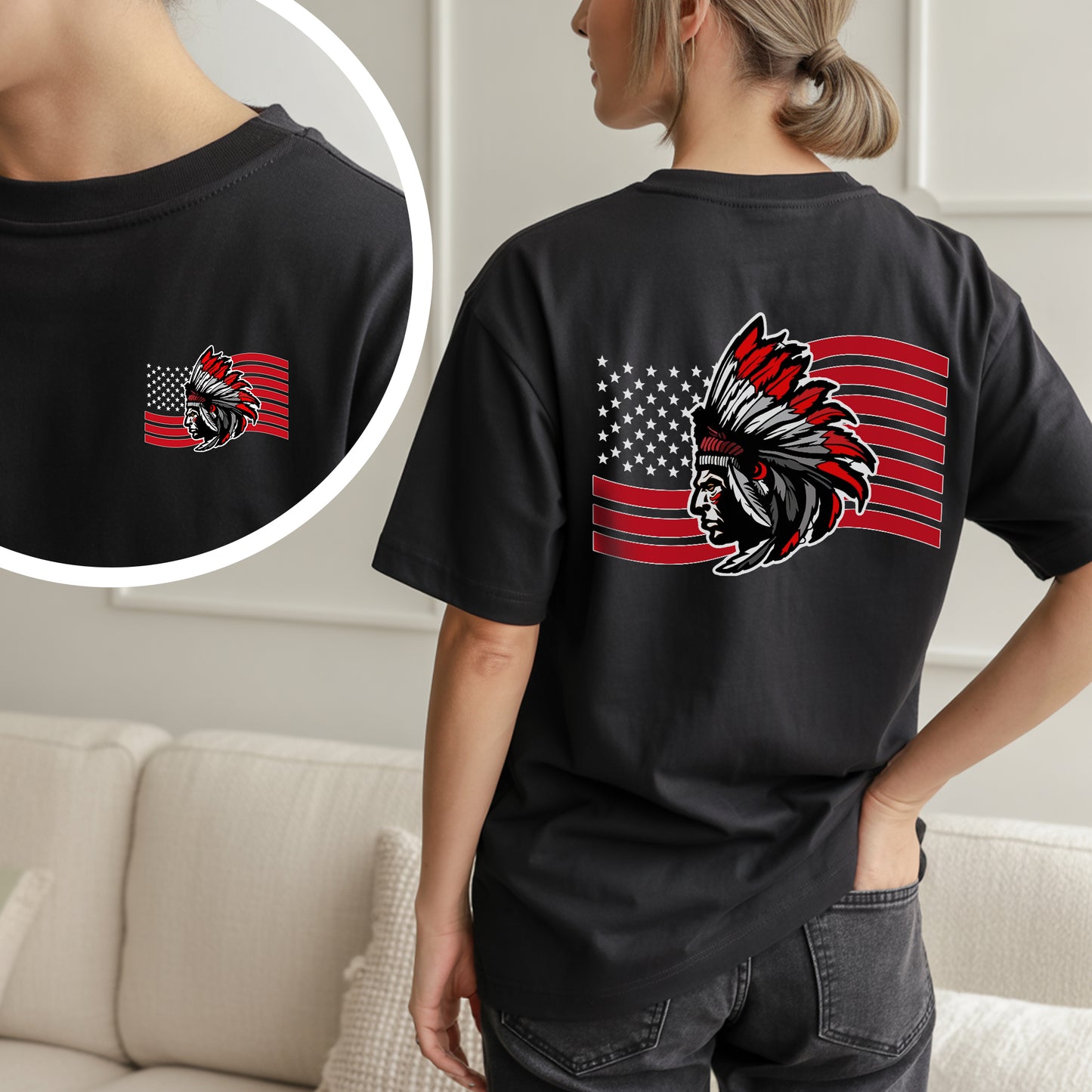 Native American Flag Tribal Chief Head with USA Flag Graphic - Two sides - Unisex T-Shirt/T-Shirt V-Neck/Hoodie/Sweatshirt