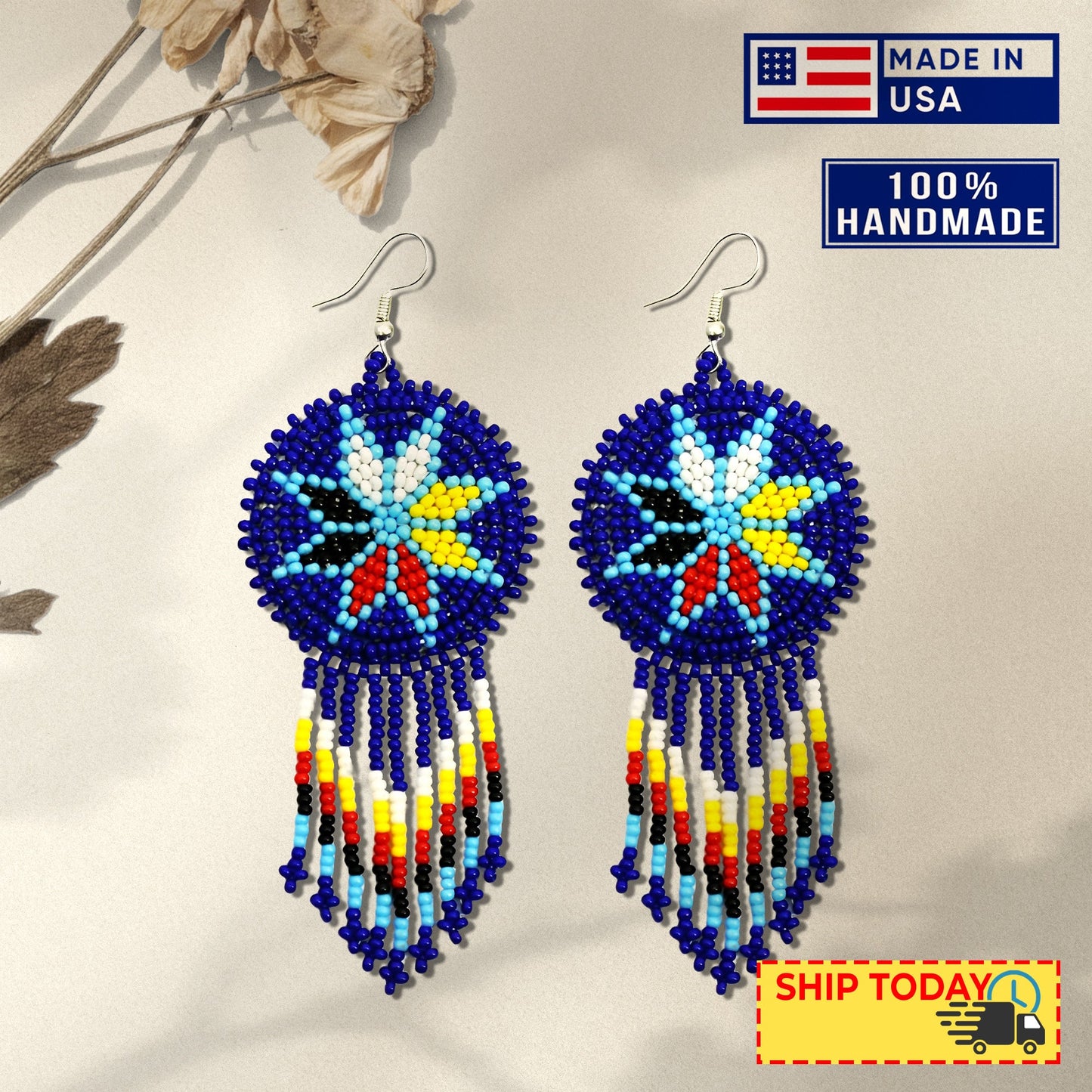 Blue 4 Directions Flower Round Beaded Handmade Earrings For Women