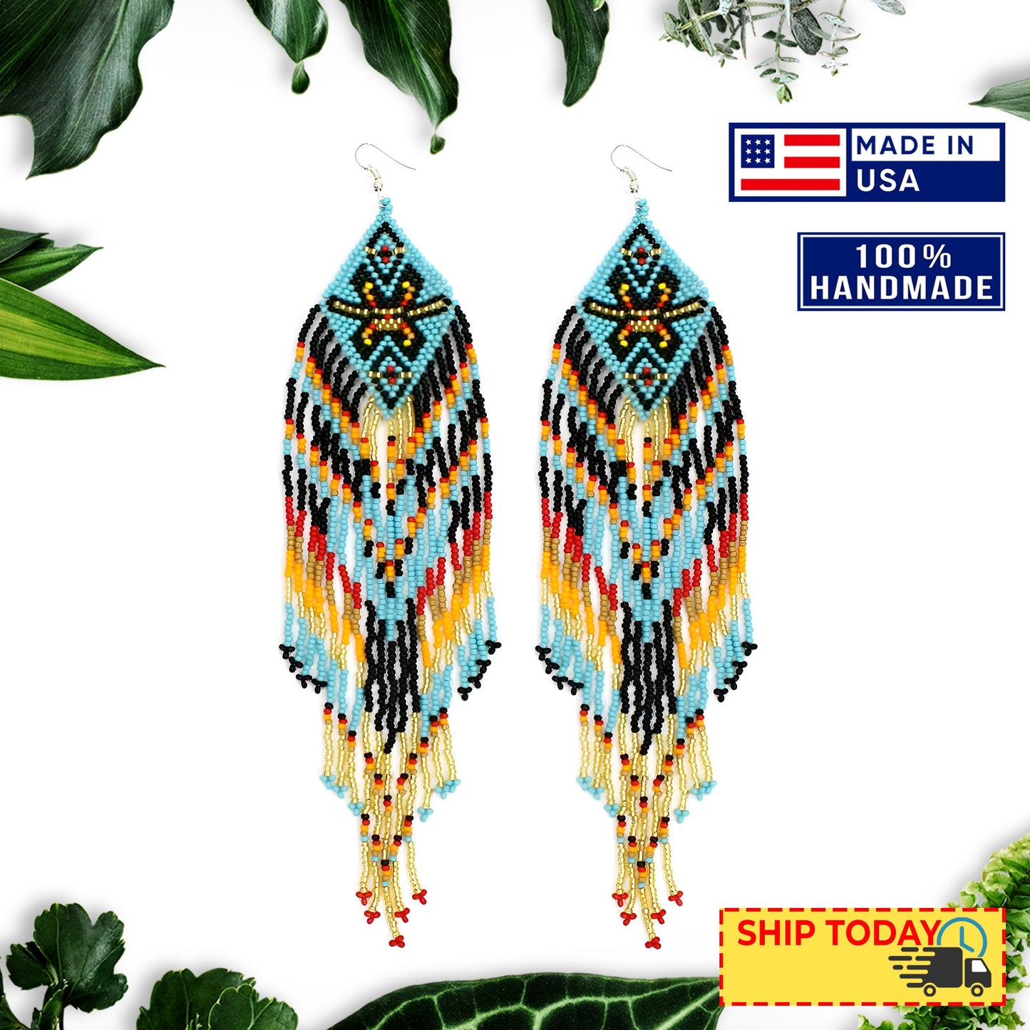 Long Turquoise Blue Black Beaded Handmade Earrings For Women