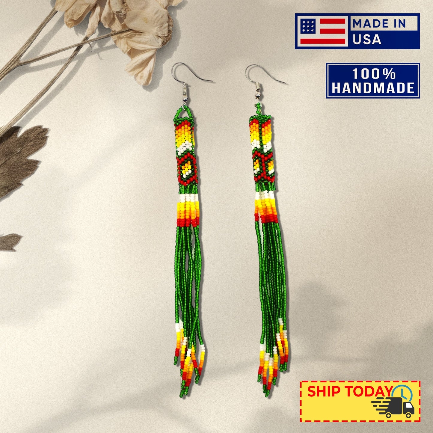 Green Extra Long Beaded Handmade Earrings For Women