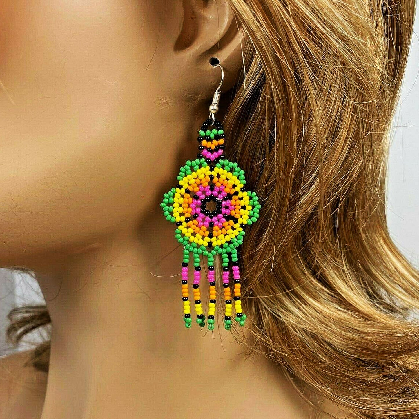 Ethnic Flower Green Beaded Chandelier Beaded Handmade Earrings For Women