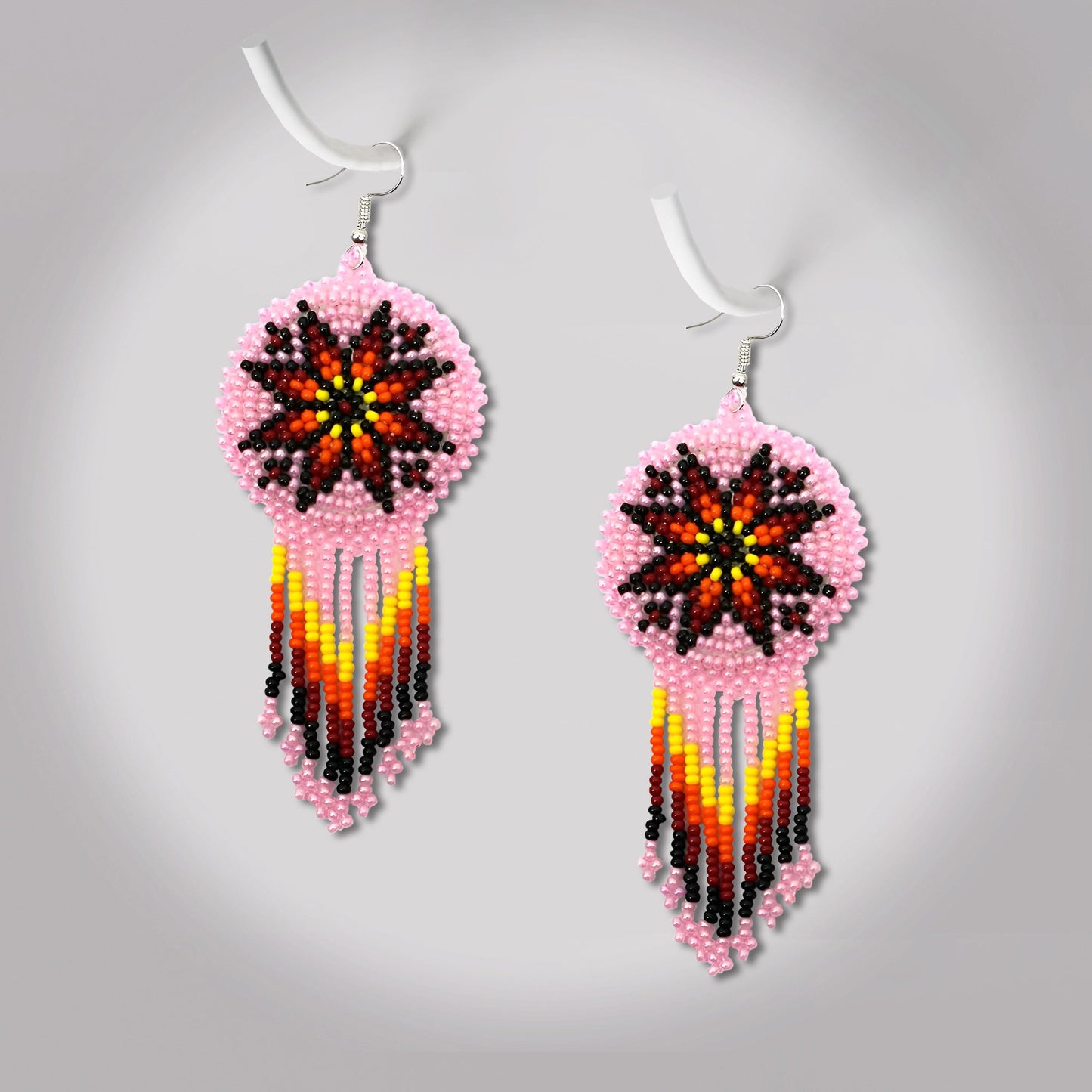Pink Fire Color Round Beaded Handmade Earrings For Women