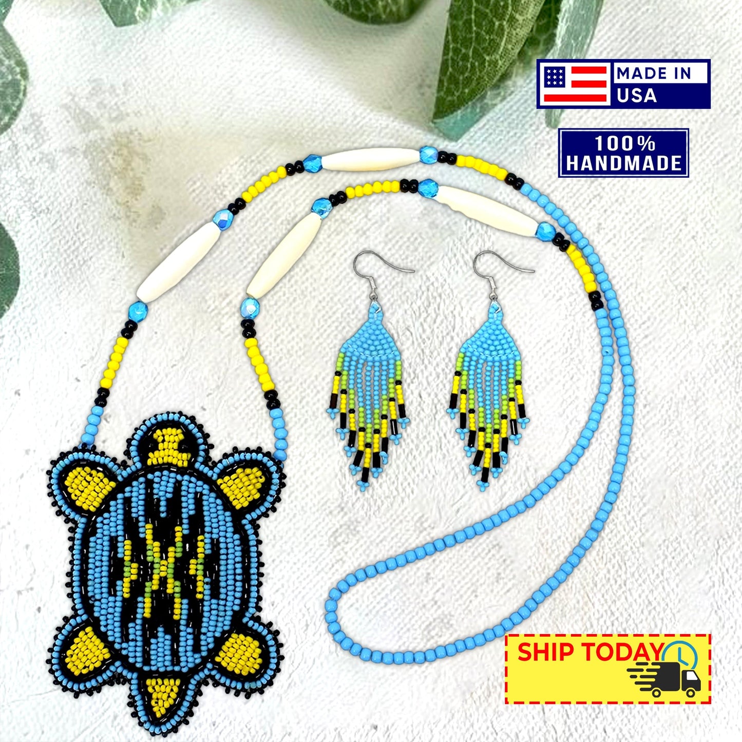 New Handmade Black Blue Turtle Long Necklace Earring Set
