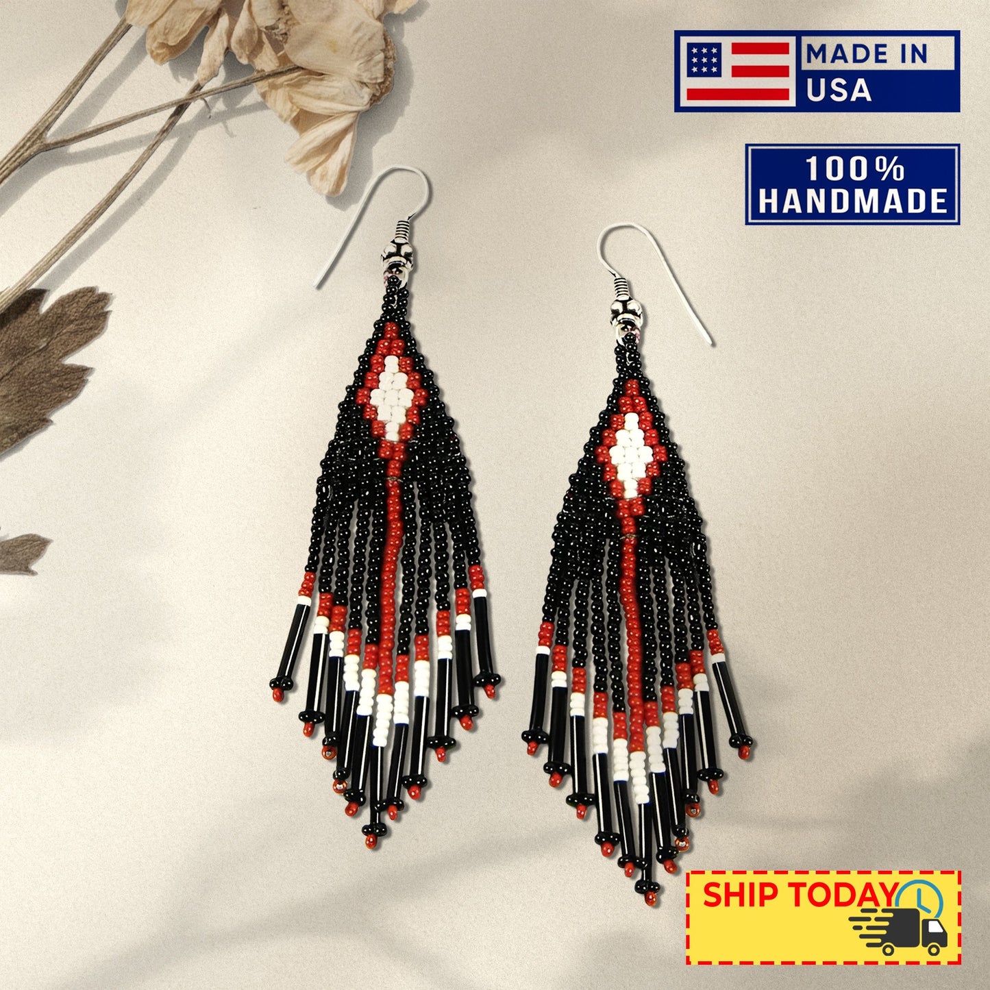 Black Seed Bead Pattern Beaded Handmade Earrings For Women