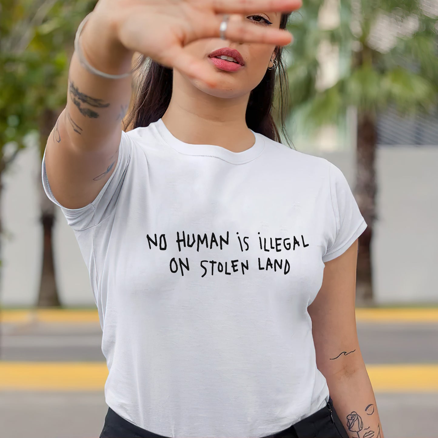 No Human Is Illegal on Stolen Land Unisex T-Shirt/T-Shirt V-Neck/Hoodie/Sweatshirt - Support for Indigenous Rights, Immigrant Justice