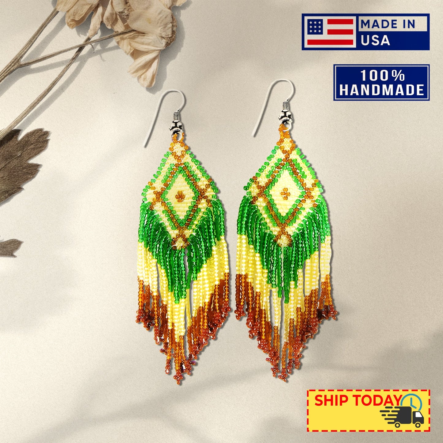 Green Seed Bead Pattern Beaded Handmade Earrings For Women