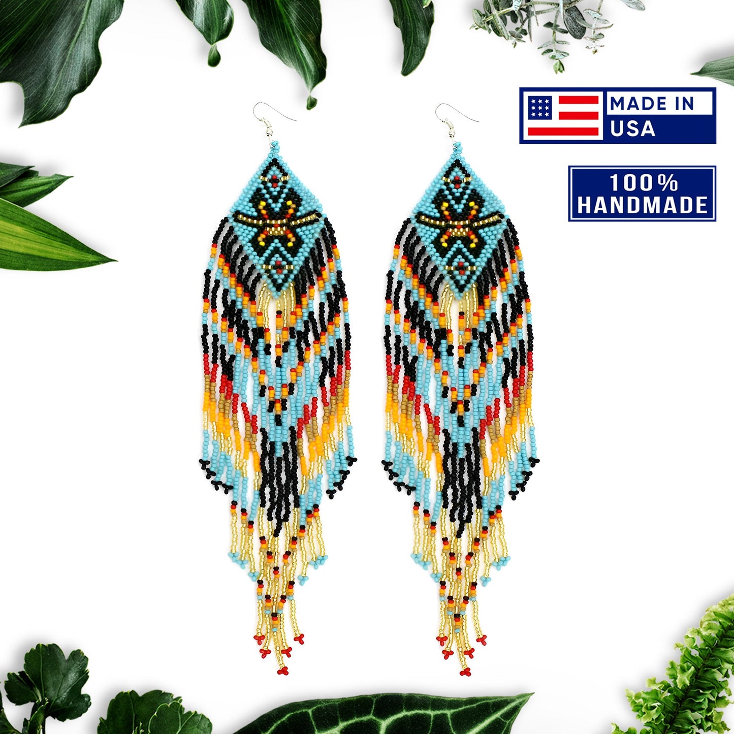 Long Turquoise Blue Black Beaded Handmade Earrings For Women