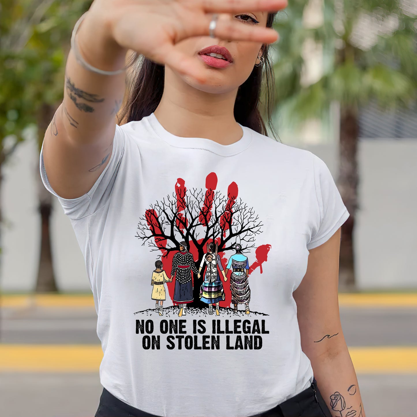 Red Handprint Awareness - No One Is Illegal on Stolen Land Unisex T-Shirt/T-Shirt V-Neck/Hoodie/Sweatshirt