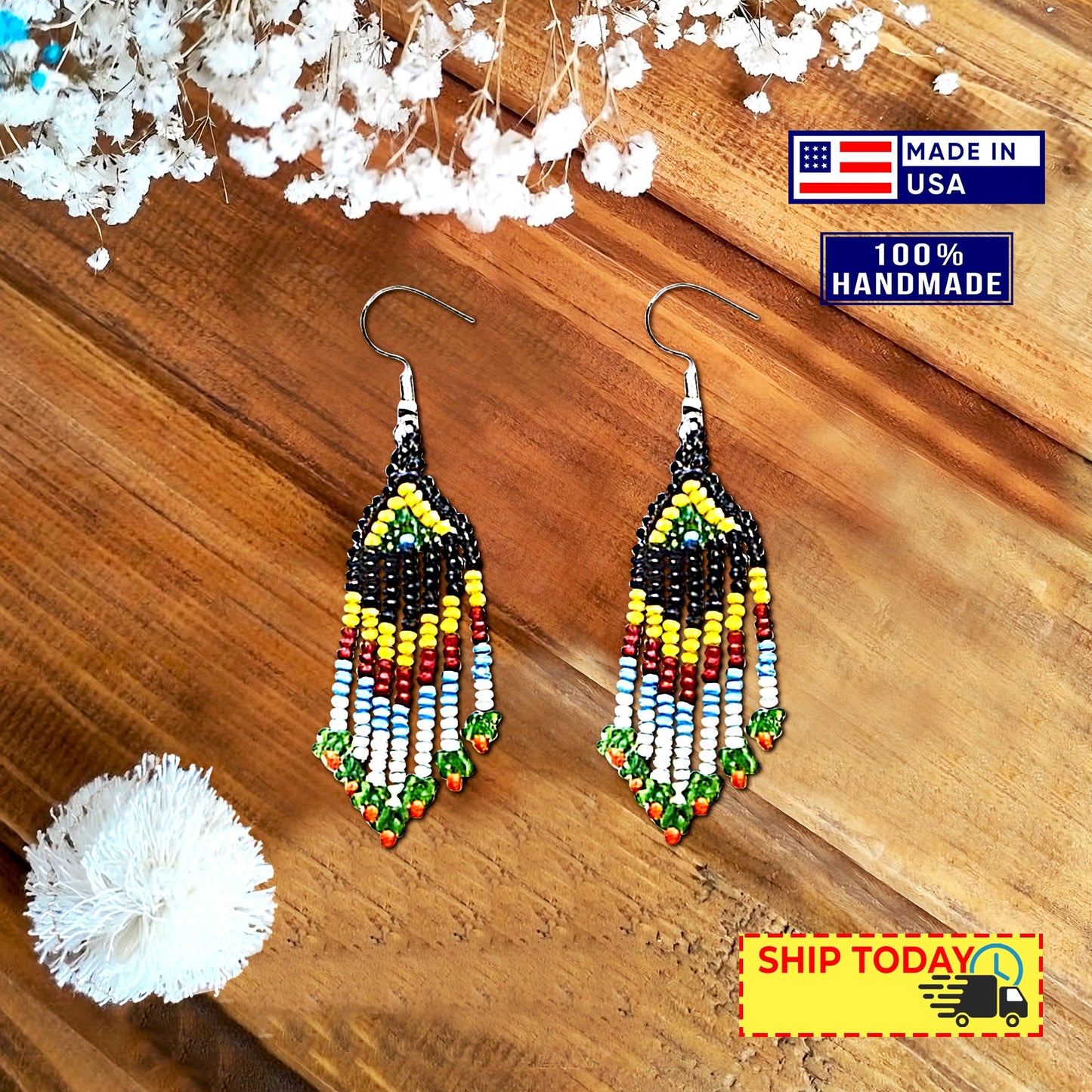 Black Yellow Seed Bead Long Star Medallion Handmade Necklace Earrings Set