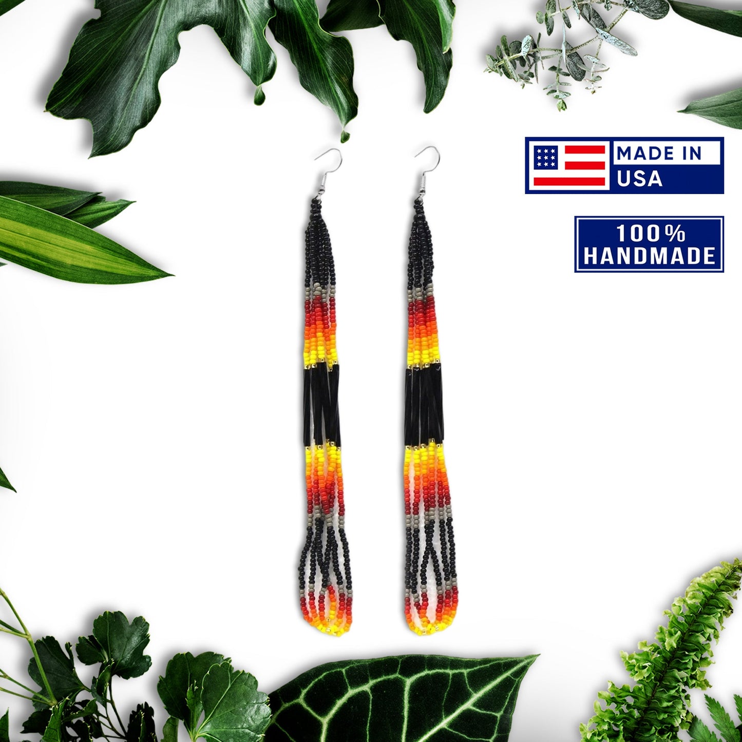 Black Fire Color Long Pattern Beaded Handmade Earrings For Women